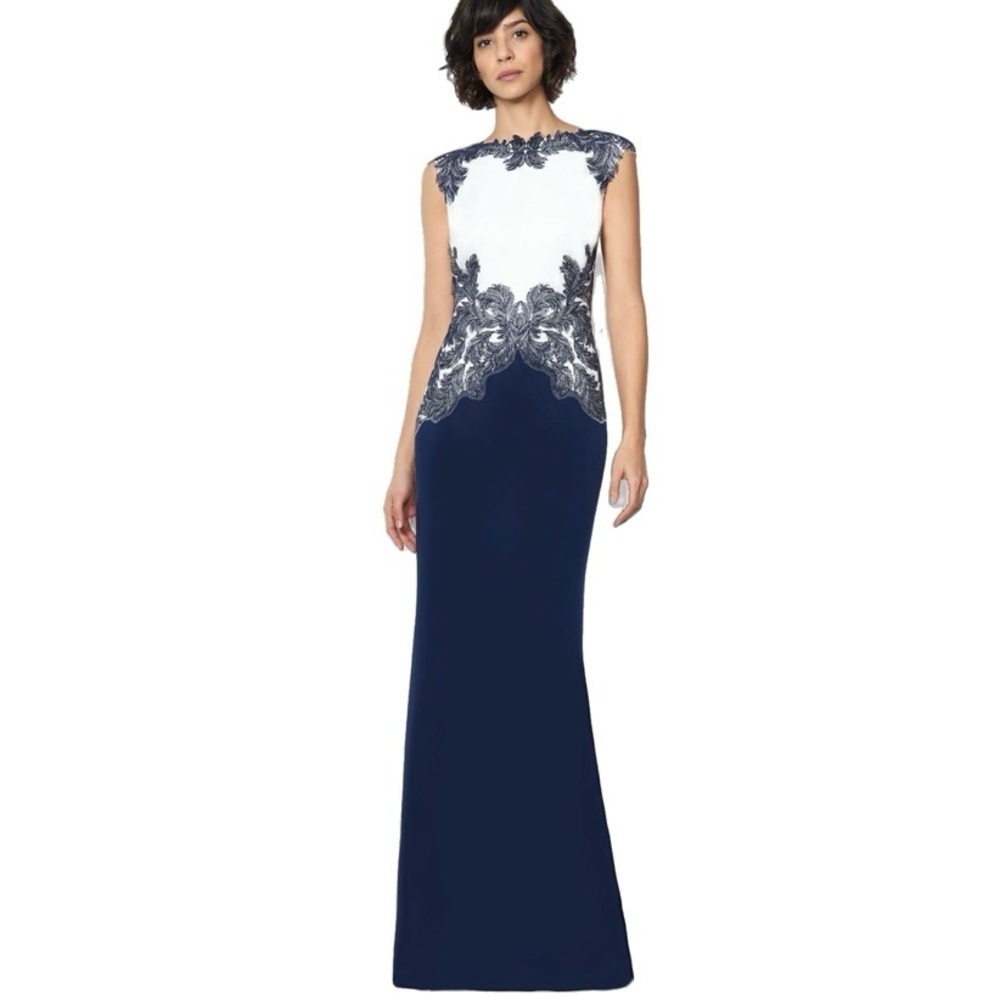 Tadashi Shoji Falcon Evening Maxi Gown Dress, Navy/White size 8 Petite